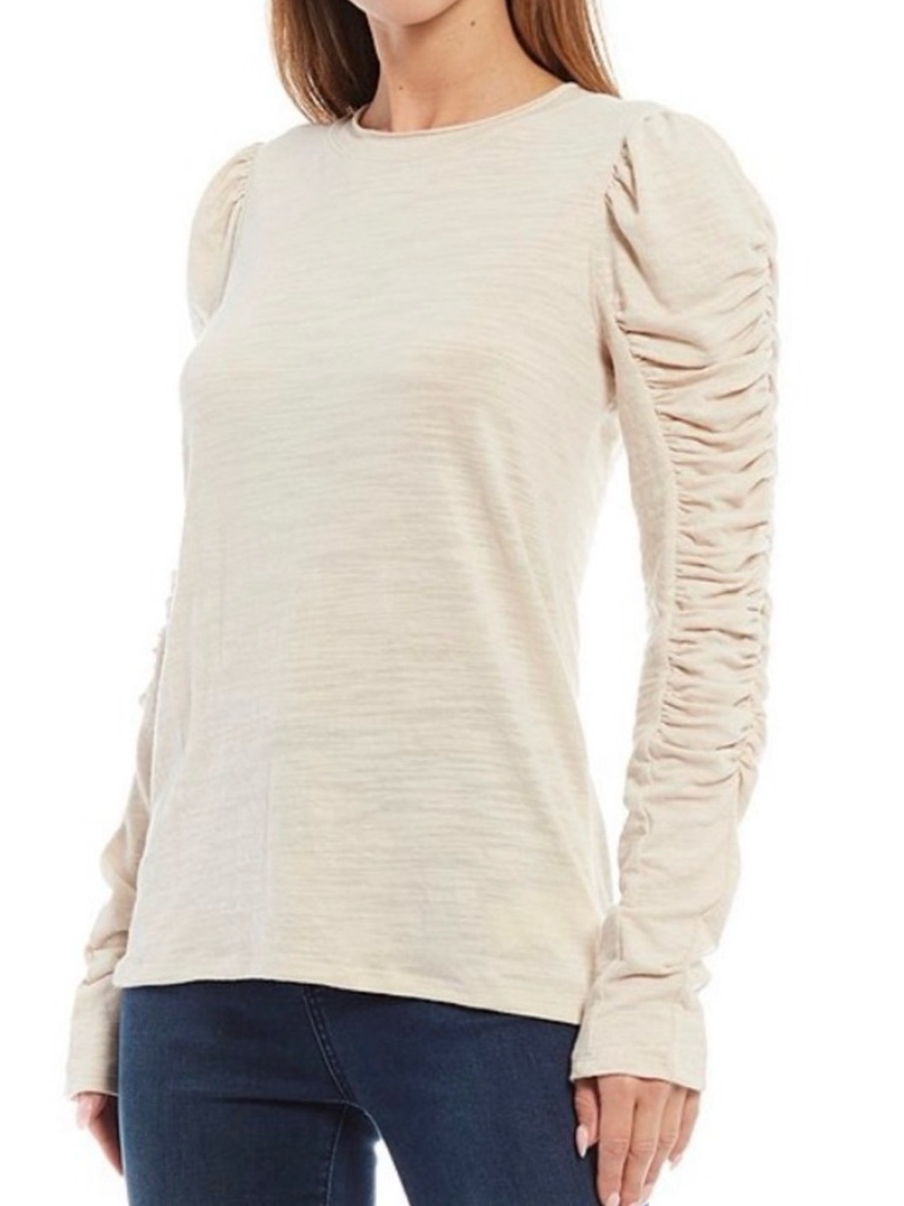 We The Free People Natasha Ruched Long Sleeve Blouse Top Sand Large